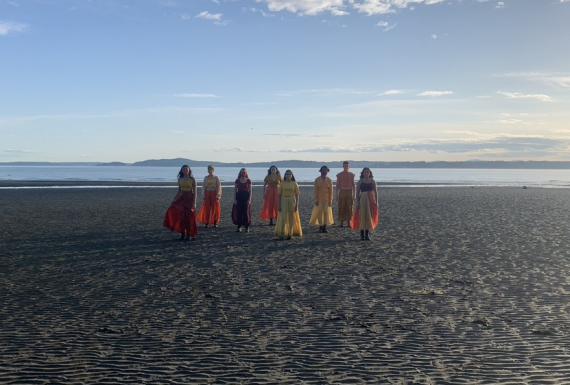 dancers on a beach walking 