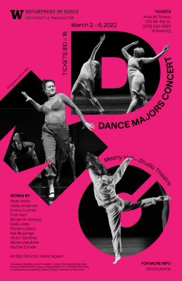 pink poster with block letters "DMC," that have dancers pouncing out of them. 