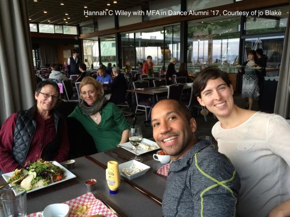 Hannah C Wiley at lunch with MFA program alumni 