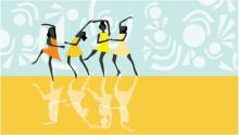 Illustration of four dancers in dresses with hands linked 
