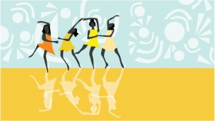 Illustration of four dancers in dresses with hands linked 