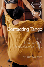 Poster for film Contacting Tango featuring woman in yellow shirt squatting while embracing a standing partner