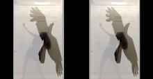 A figure is captured dancing in front of lockers with an image of an eagle layered over them