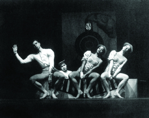 Black and White photo of mercy Cunningham and 3 dancers leaning away from each other 