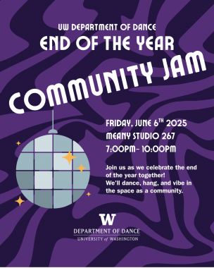 'Groovy' purple waves with a glittering disco ball and white text. "UW Department of Dance End of the Year Community Jam" 