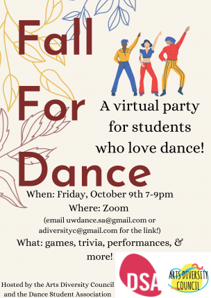 Tan background with "fall for dance" written in brown text 