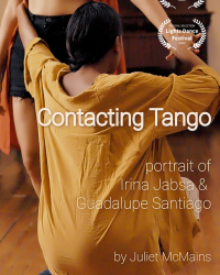 Poster for film Contacting Tango featuring woman in yellow shirt squatting while embracing a standing partner