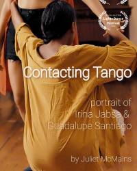 Poster for film Contacting Tango featuring woman in yellow shirt squatting while embracing a standing partner