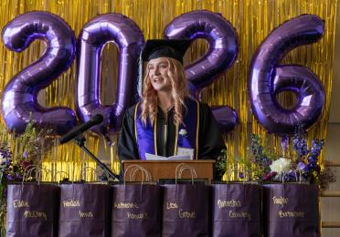 Kate Hancock delivering her speech at the Department of Dance Graduation Celebration 