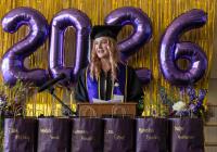 Kate Hancock delivering her speech at the Department of Dance Graduation Celebration 