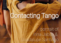 Poster for film Contacting Tango featuring woman in yellow shirt squatting while embracing a standing partner