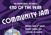 'Groovy' purple waves with a glittering disco ball and white text. "UW Department of Dance End of the Year Community Jam" 