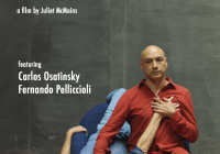 Film poster image of two dancers sharing a seat with arms on eachother. One dancer is dressed in blue and lying upside down while the other dancer is dressed in red sitting upright.