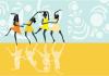Illustration of four dancers in dresses with hands linked 