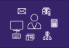 white icons related to administrated tasks on purple background 