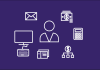 white icons related to administrated tasks on purple background 
