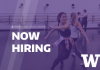 image of dancers in studio with white text, "Now Hiring," and UW logo. 