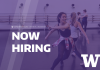 image of dancers in studio with white text, "Now Hiring," and UW logo. 