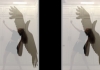 A figure is captured dancing in front of lockers with an image of an eagle layered over them