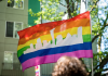 pride flag with Seattle skyline 