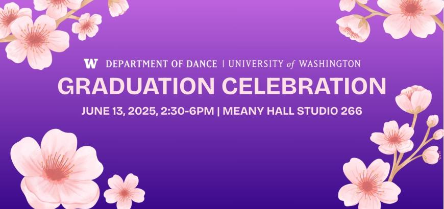 Gradient of purple background with pink cherry blossom graphics and pink text, &quot;Graduation Celebration&quot;