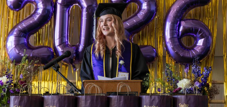 Kate Hancock delivering her speech at the Department of Dance Graduation Celebration