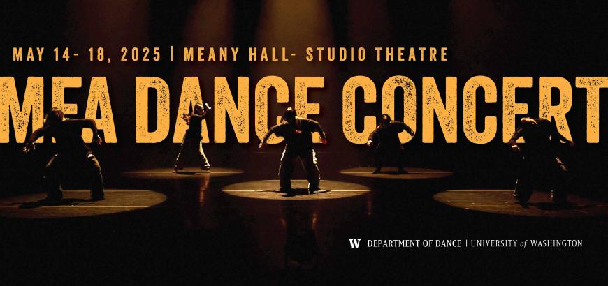 Dancers on stage in pools of light with yellow text, &quot;MFA Dance Concert&quot;