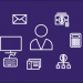 white icons related to administrated tasks on purple background 