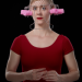 Lady in red shirt and lipstick with wire basket and foam hair curlers on head. 